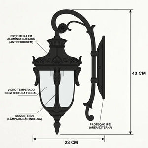 Desenho técnico da Arandela de Parede Externa Vidro Floral Retro, com medidas detalhadas, 43 cm de altura e 23 cm de diâmetro, estrutura em alumínio antiferrugem e vidro temperado com textura floral, soquete para lâmpadas E27 e proteção IP65 para áreas externas.