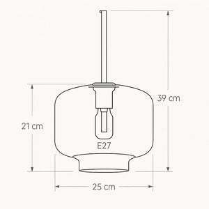 Desenho técnico do pendente Radiantbr Auro com medidas 25 cm de largura, 21 cm de altura do vidro e 39 cm de altura total