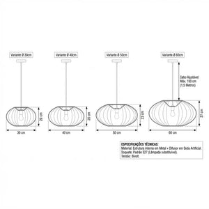 Desenho técnico comparativo com as dimensões e medidas das quatro variantes (30cm, 40cm, 50cm e 60cm) da luminária pendente japonesa oval em seda.