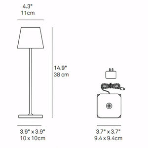 Desenho técnico da luminária de mesa branca, com as dimensões de 38 cm de altura e 10 cm de base. Essencial para medições e planejamento de espaços