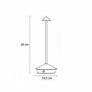 Desenho técnico da luminária de mesa portátil sem fio, mostrando as medidas de 30 cm de altura e 10,5 cm de diâmetro da base