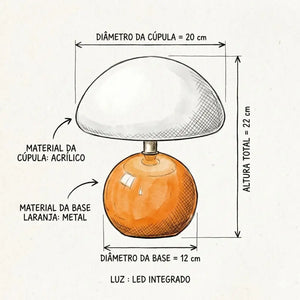 Esquema técnico com medidas do Abajur Cogumelo Laranja: Altura total de 22 cm, diâmetro da cúpula de acrílico de 20 cm e base de metal com 12 cm