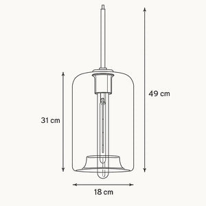 Desenho técnico de pendente cilíndrico de vidro âmbar com medidas 18 cm de largura e 49 cm de altura