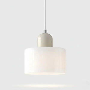 Lustre Pendente Nordic com cúpula de vidro Branco Leitoso (Off-White) e detalhe superior em bege. Luminária minimalista ideal para cabeceiras e ambientes neutros