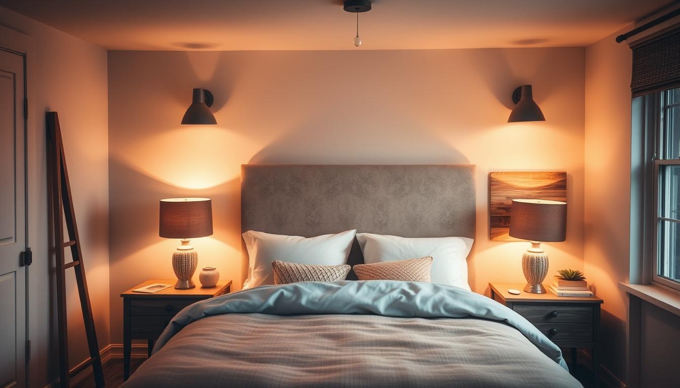 iluminação para quarto com pendente e arandelas em luz 3000K