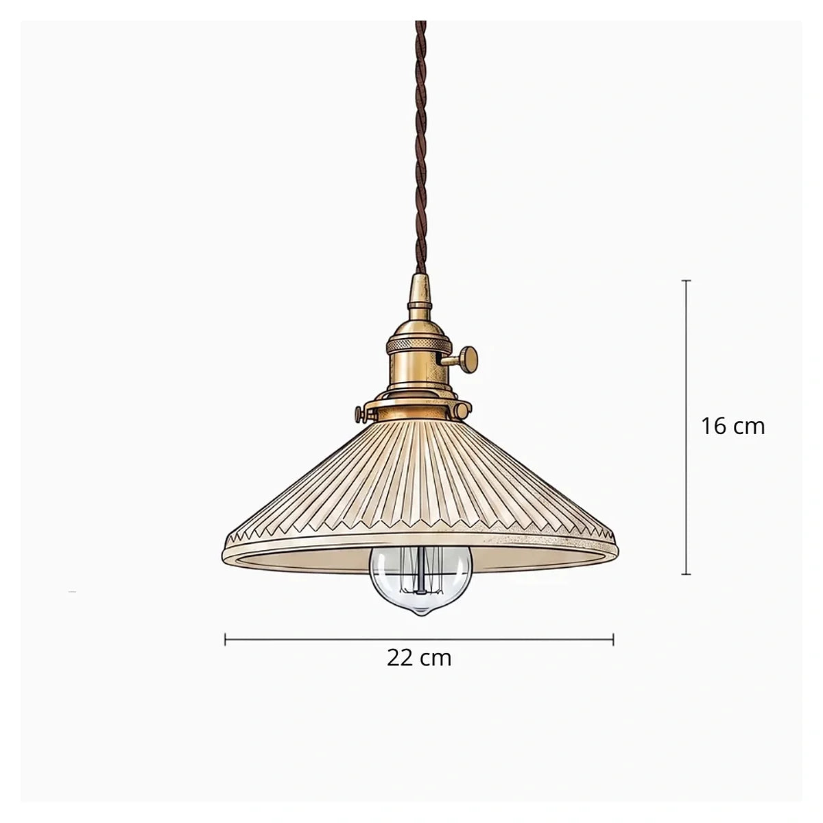 Medidas da Luminária Pendente Kiyo com 22 cm de diâmetro, 16 cm de altura e cabo ajustável de 150 cm