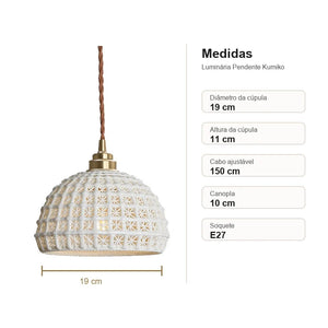 Medidas da Luminária Pendente Kumiko com 19 cm de diâmetro e cabo ajustável de 150 cm