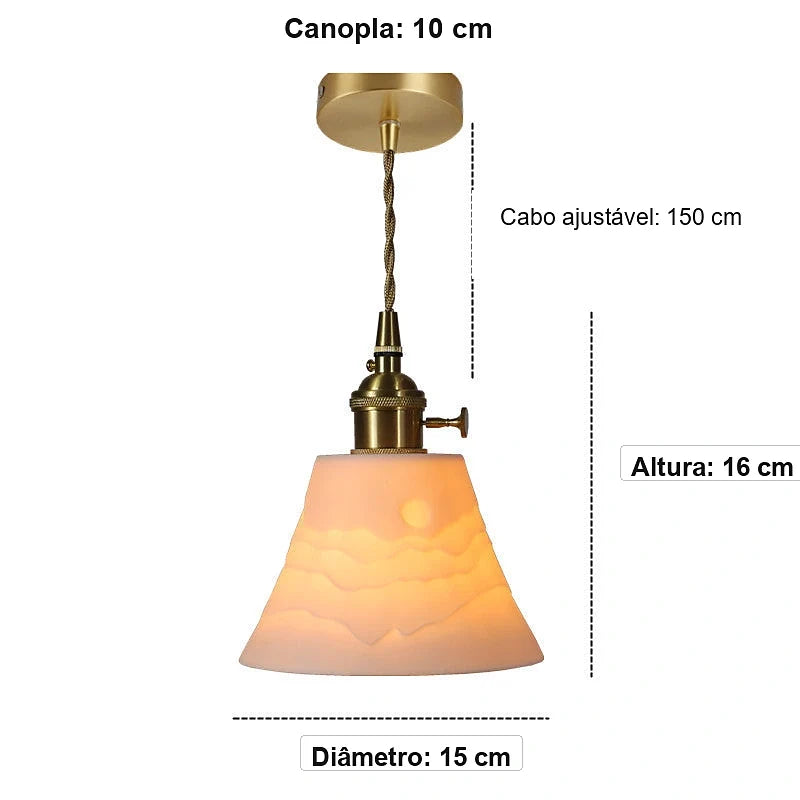 Medidas da Luminária Pendente Sumi com 15 cm de diâmetro, 16 cm de altura e cabo ajustável de 150 cm