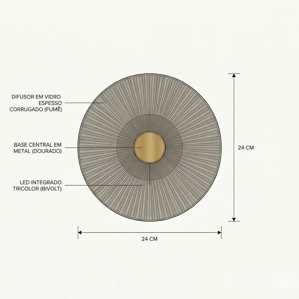 Desenho técnico detalhado da Arandela de Parede de Vidro Corrugado Fume, mostrando o diâmetro e altura de 24 cm, difusor em vidro espesso corrugado, base central em metal dourado e led integrado com iluminação tricolor