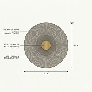 Desenho técnico detalhado da Arandela de Parede de Vidro Corrugado Fume, mostrando o diâmetro e altura de 24 cm, difusor em vidro espesso corrugado, base central em metal dourado e led integrado com iluminação tricolor