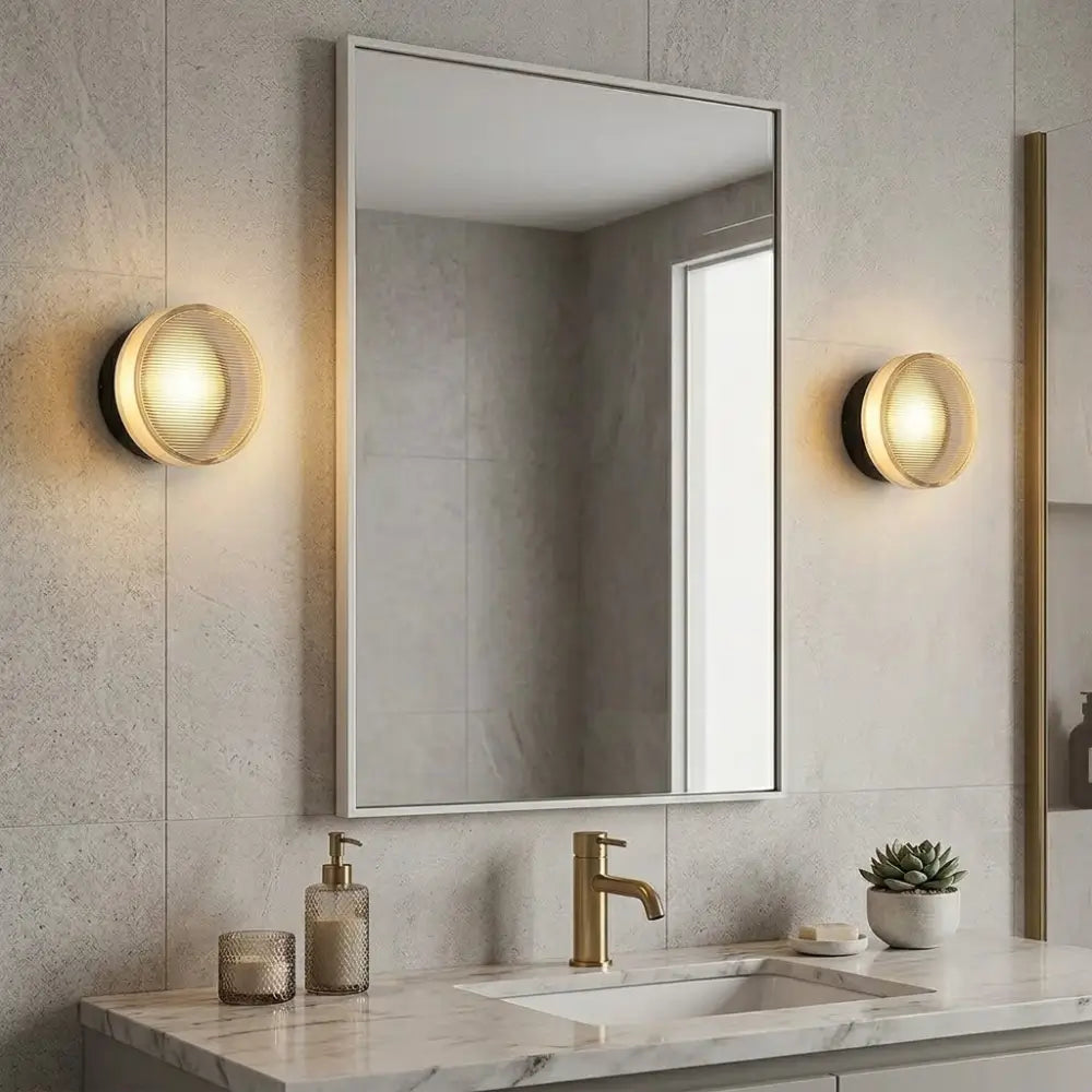 Par da Arandela de Parede Redonda LED Toth preta ao lado de espelho em banheiro/lavabo moderno, minimalista e contemporâneo 
