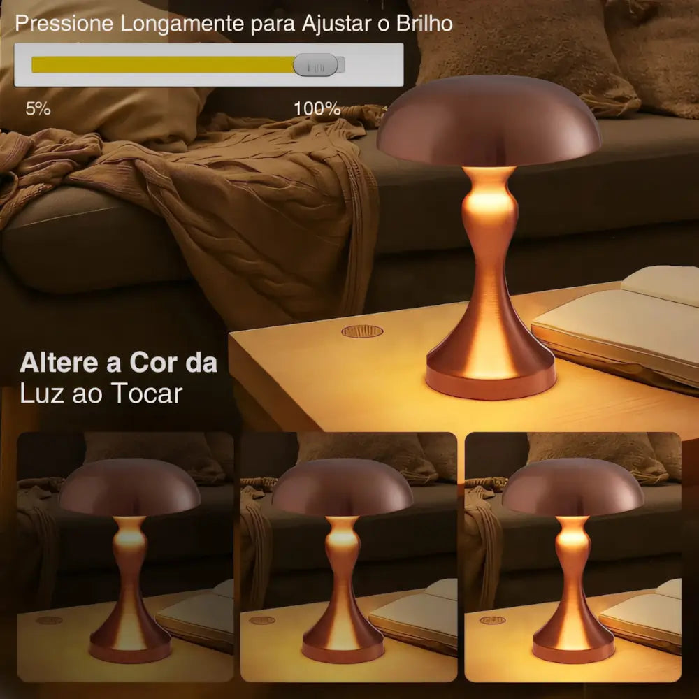 Luminária Abajur Cogumelo Sem Fio Touch Radiant dourado