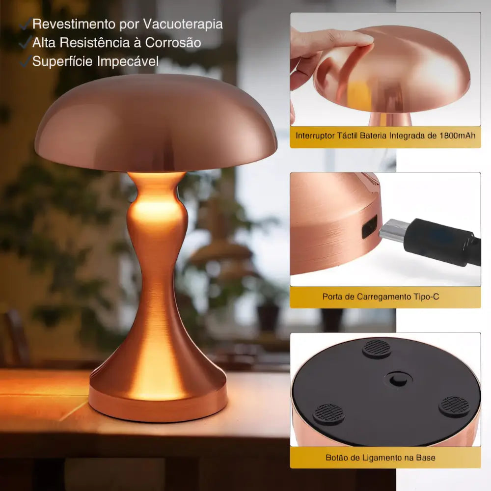 Luminária Abajur Cogumelo Sem Fio Touch Radiant 