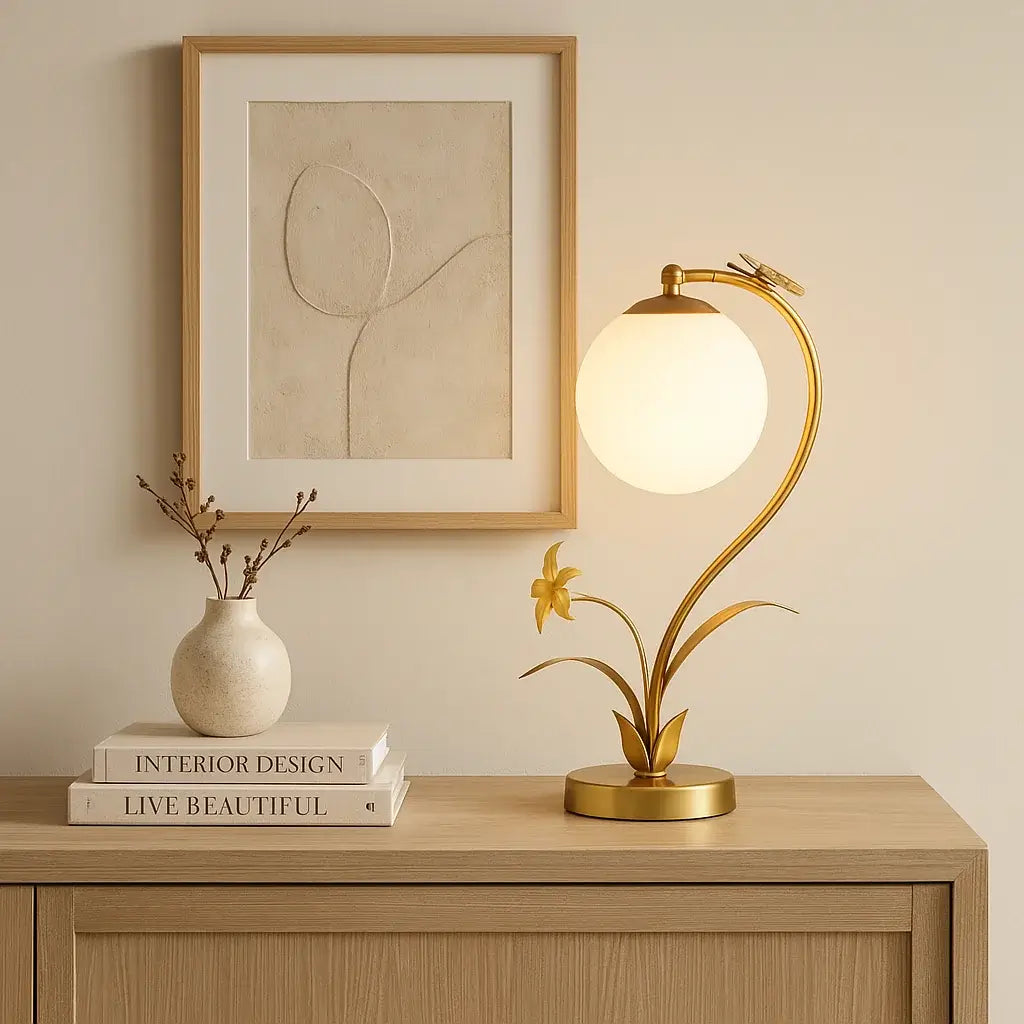 Luminária de Mesa Abajur Dourada Bola Flor Moderna Radiant