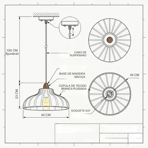 Desenho técnico da Luminaria Pendente Moderno Minimalista Madeira Tecido Radiant — confirma 40cm × 23cm, cabo 150cm, madeira maciça, tecido plissado, E27