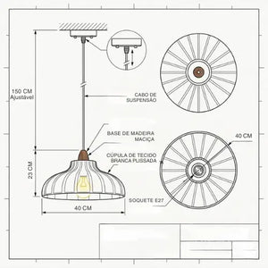 Desenho técnico da Luminaria Pendente Moderno Minimalista Madeira Tecido Radiant — confirma 40cm × 23cm, cabo 150cm, madeira maciça, tecido plissado, E27