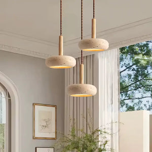 Luminária Pendente Rústica de Madeira e Pedra Mármore Modelo Round