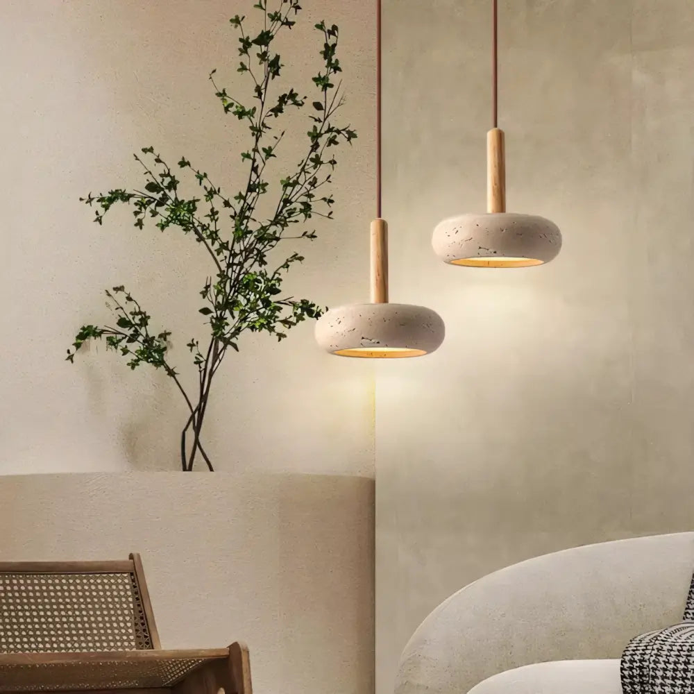 Luminária Pendente Rústica de Madeira e Pedra Mármore Modelo Round