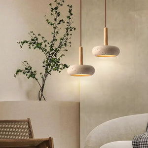 Luminária Pendente Rústica de Madeira e Pedra Mármore Modelo Round