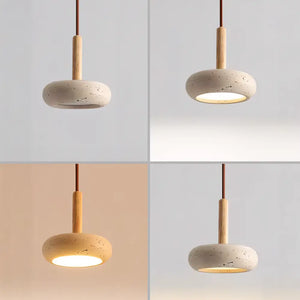 Luminária Pendente Rústica de Madeira e Pedra Mármore Modelo Round