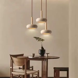 Luminária Pendente Rústica de Madeira e Pedra Mármore Modelo Round