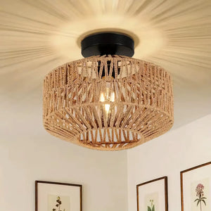 Luminária Plafon Sobrepor Artesanal Rattan Vime Boho
