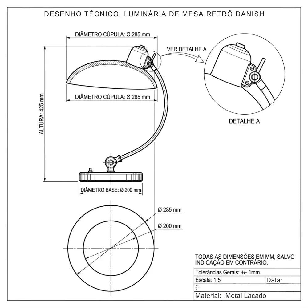 Desenho técnico com medidas da Luminária de mesa home office Danish altura 42,5cm, cabo 100cm, com cúpula cônica Ø28,5cm, LED 7W 3000K