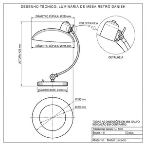 Desenho técnico com medidas da Luminária de mesa home office Danish altura 42,5cm, cabo 100cm, com cúpula cônica Ø28,5cm, LED 7W 3000K