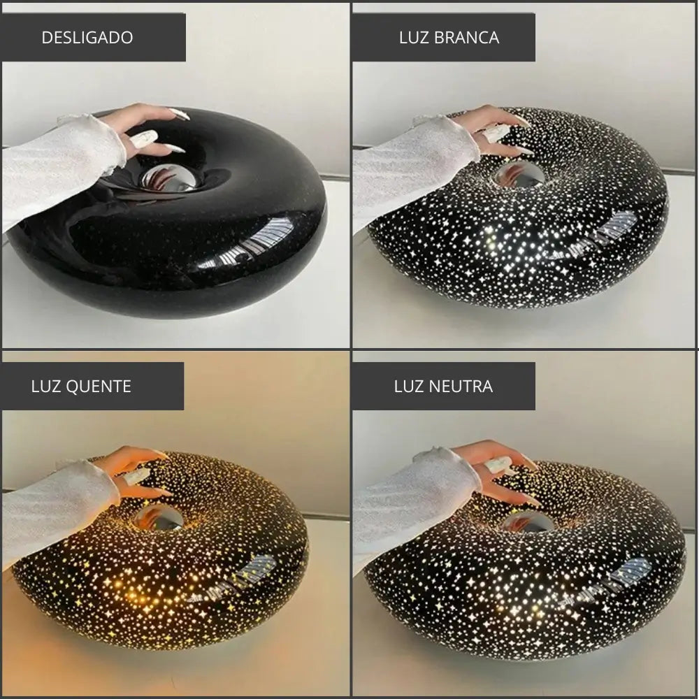 luminária de parede preta, luminária de vidro estrelado, luminária donut, luminária decorativa LED, luminária de parede quarto, luminária com luz tricolor, luminária sofisticada, luminária parede moderna, luminária de parede com toque, luminária criativa LED, luminária radiant parede, iluminação decorativa quarto, luminária donuts, luminária de parede donuts, luminária donuts preta
