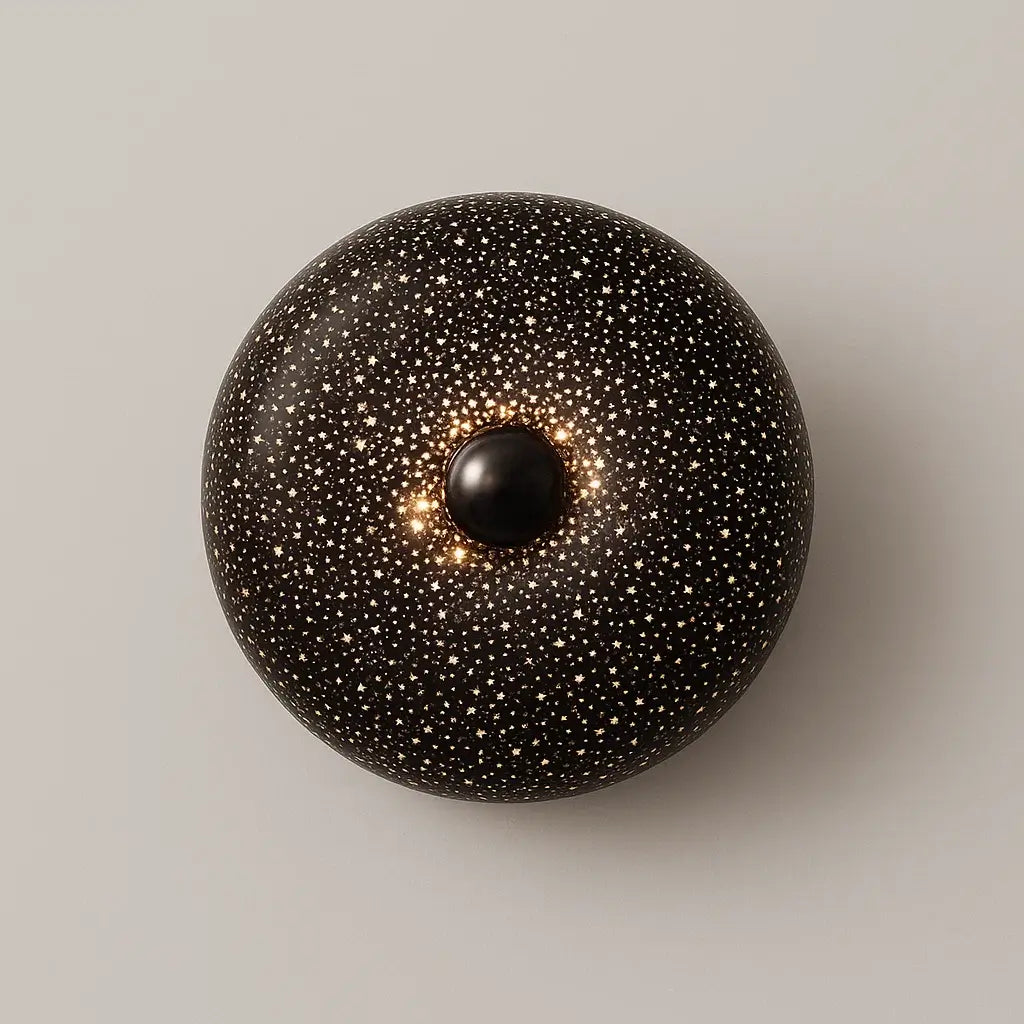luminária de parede preta, luminária de vidro estrelado, luminária donut, luminária decorativa LED, luminária de parede quarto, luminária com luz tricolor, luminária sofisticada, luminária parede moderna, luminária de parede com toque, luminária criativa LED, luminária radiant parede, iluminação decorativa quarto, luminária donuts, luminária de parede donuts, luminária donuts preta