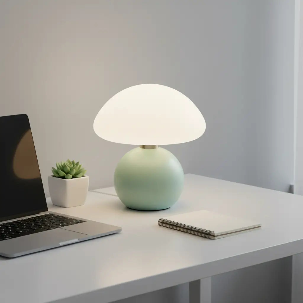 Abajur cogumelo verde menta em um home office moderno e organizado. Luminária de mesa de design com luz ajustável, ideal para foco e produtividade