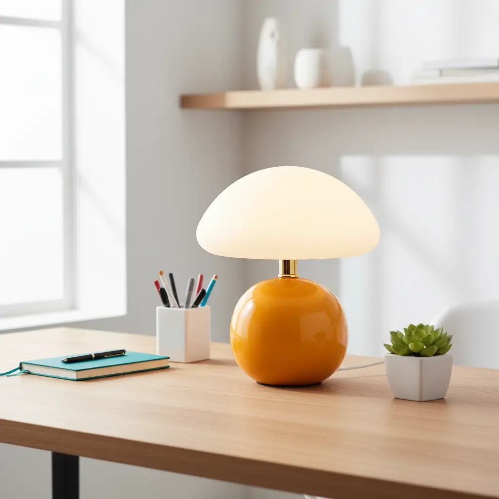 Abajur cogumelo laranja em um home office moderno com mesa de madeira clara e acessórios minimalistas. A luminária de mesa de design adiciona energia e criatividade ao ambiente de trabalho