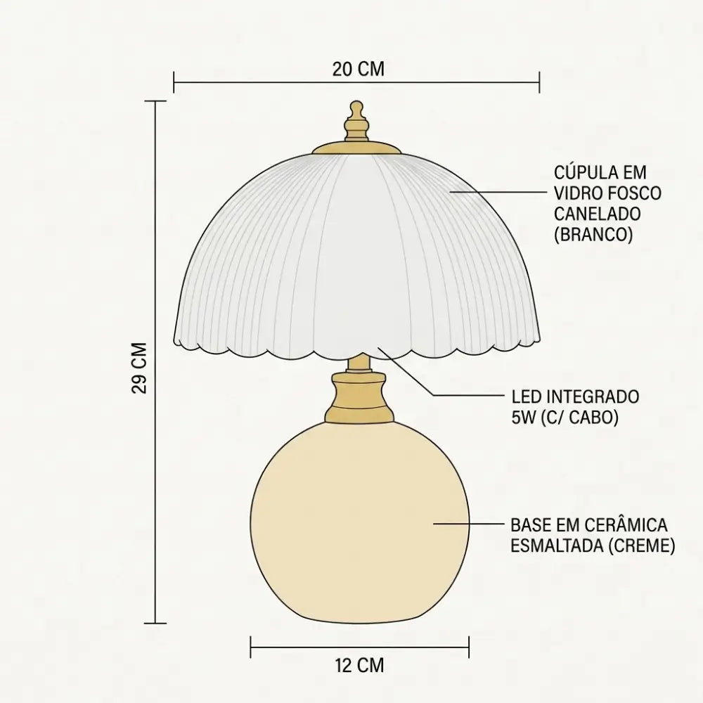 Diagrama técnico do Abajur Cogumelo Limoges com medidas: 29cm de altura, cúpula de 20cm, base cerâmica de 12cm e LED integrado 5W