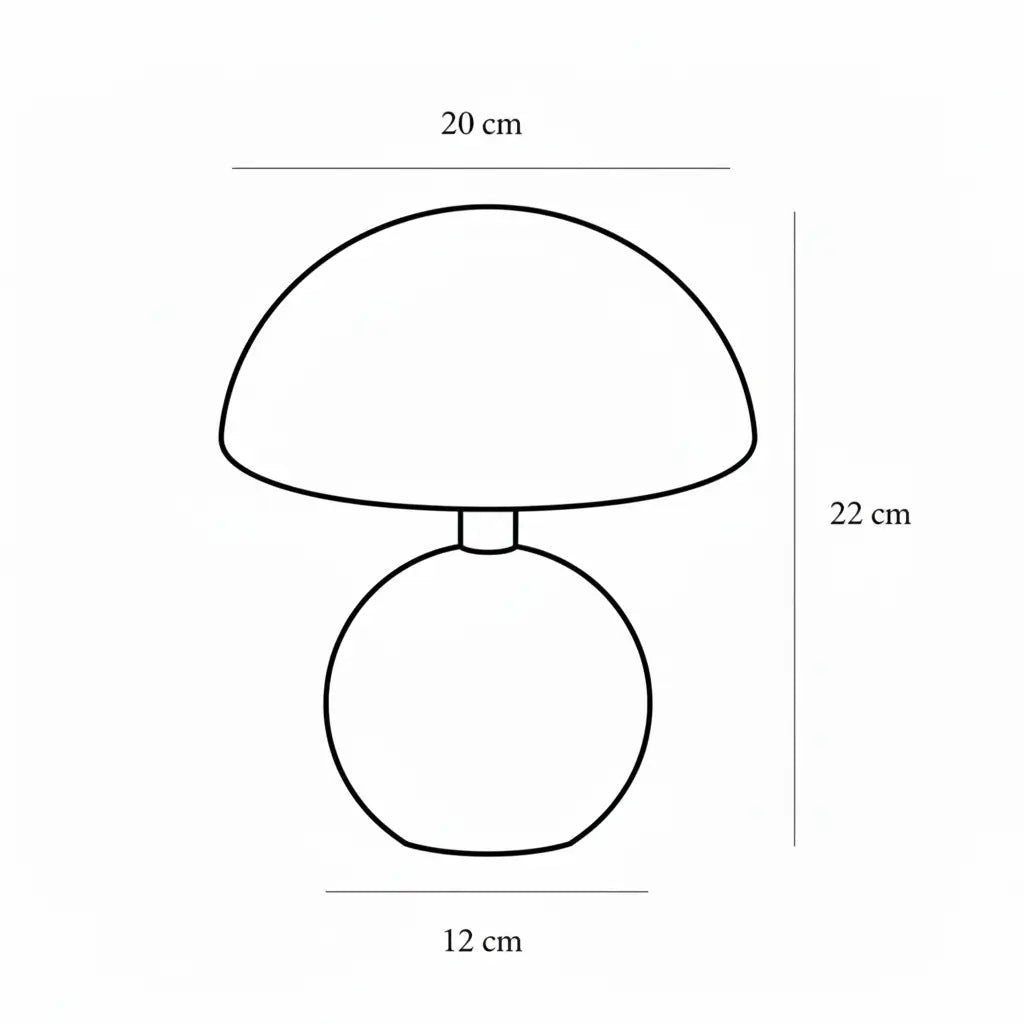 Desenho técnico 2D do abajur cogumelo com as medidas: 22 cm de altura, 20 cm de largura da cúpula e 12 cm de diâmetro da base. Essencial para planejamento de espaços