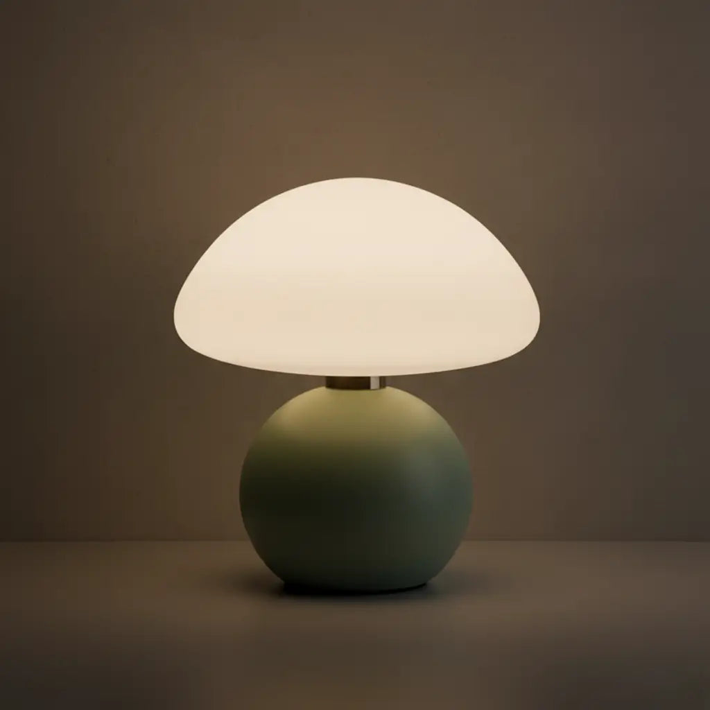 Abajur cogumelo de cerâmica verde menta em um ambiente com iluminação suave, mostrando como a luminária de mesa de design cria uma atmosfera acolhedora e minimalista