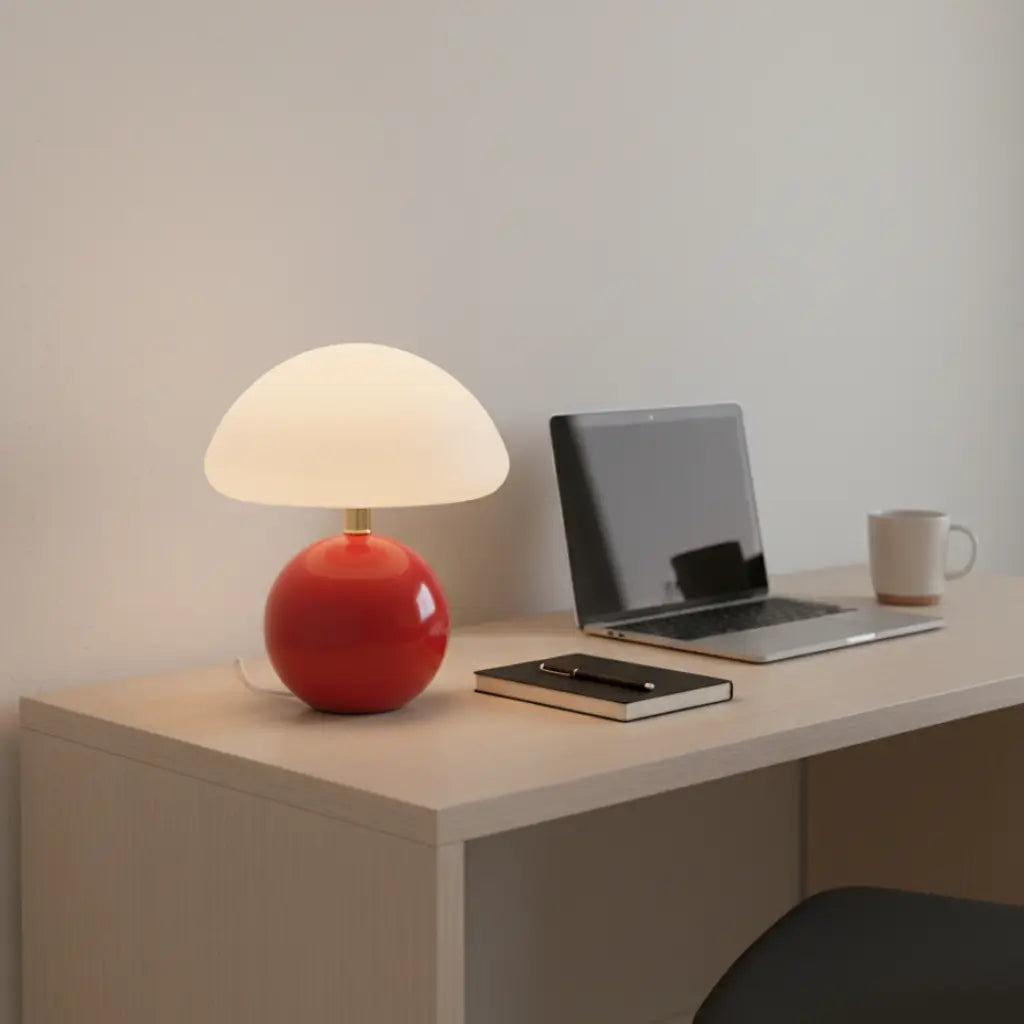 Abajur cogumelo vermelho em cerâmica iluminando mesa de escritório com notebook