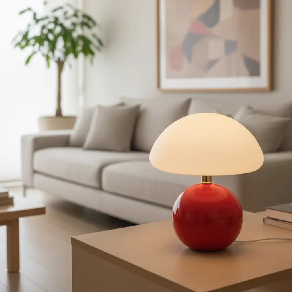 Abajur cogumelo vermelho em cerâmica iluminando sala de estar moderna