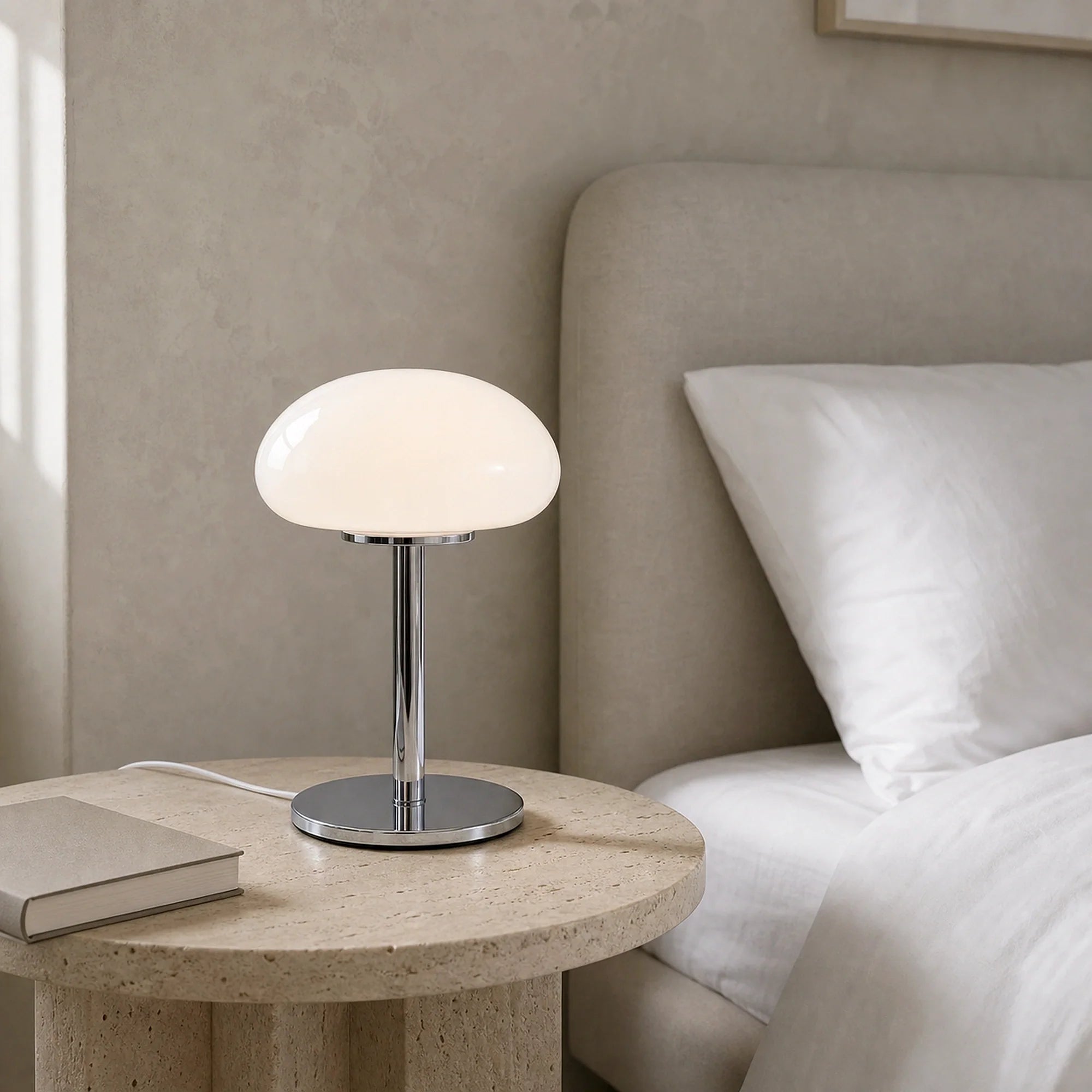Abajur Cogumelo de Vidro LED USB Branco Alba em cabeceira com mesa de travertino