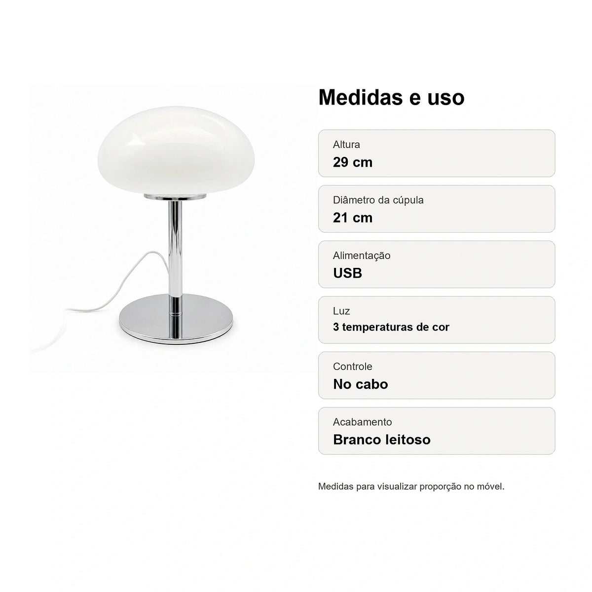Medidas do Abajur Cogumelo de Vidro LED USB Branco Alba com altura 29 cm e cúpula 21 cm