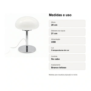 Medidas do Abajur Cogumelo de Vidro LED USB Branco Alba com altura 29 cm e cúpula 21 cm