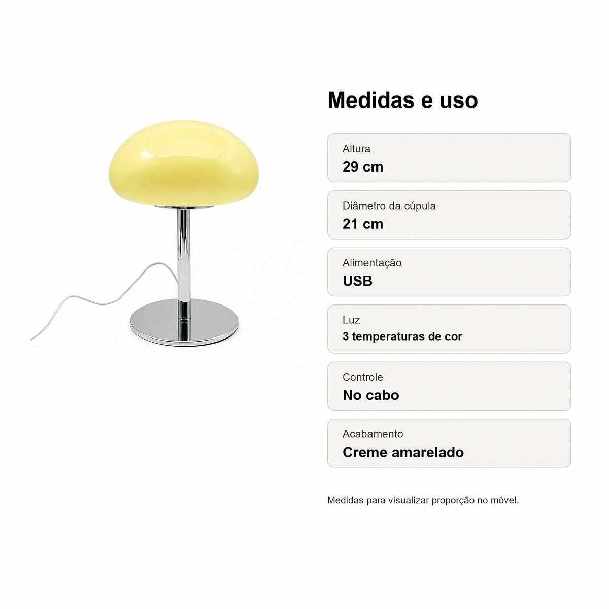 Medidas do Abajur Cogumelo de Vidro LED USB Creme Solvi com altura 29 cm e cúpula 21 cm