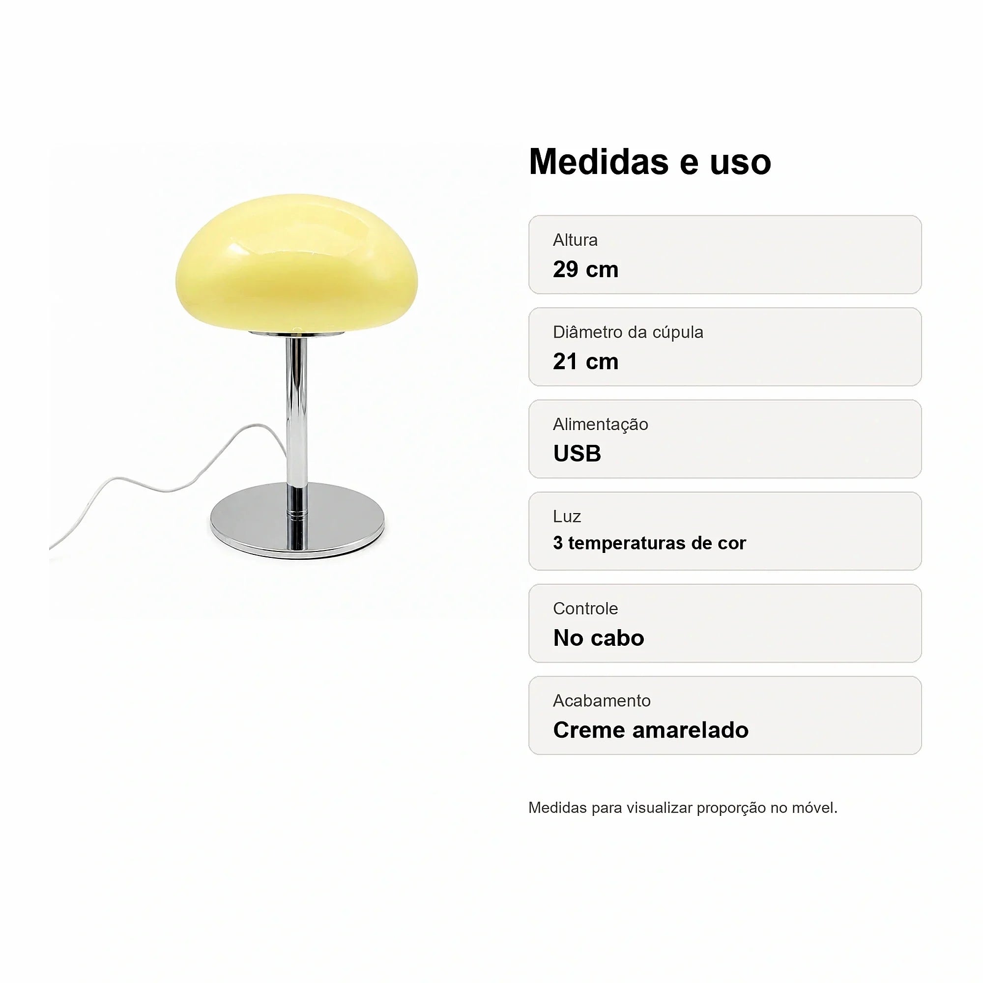Medidas do Abajur Cogumelo de Vidro LED USB Creme Solvi com altura 29 cm e cúpula 21 cm