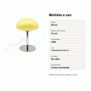 Medidas do Abajur Cogumelo de Vidro LED USB Creme Solvi com altura 29 cm e cúpula 21 cm