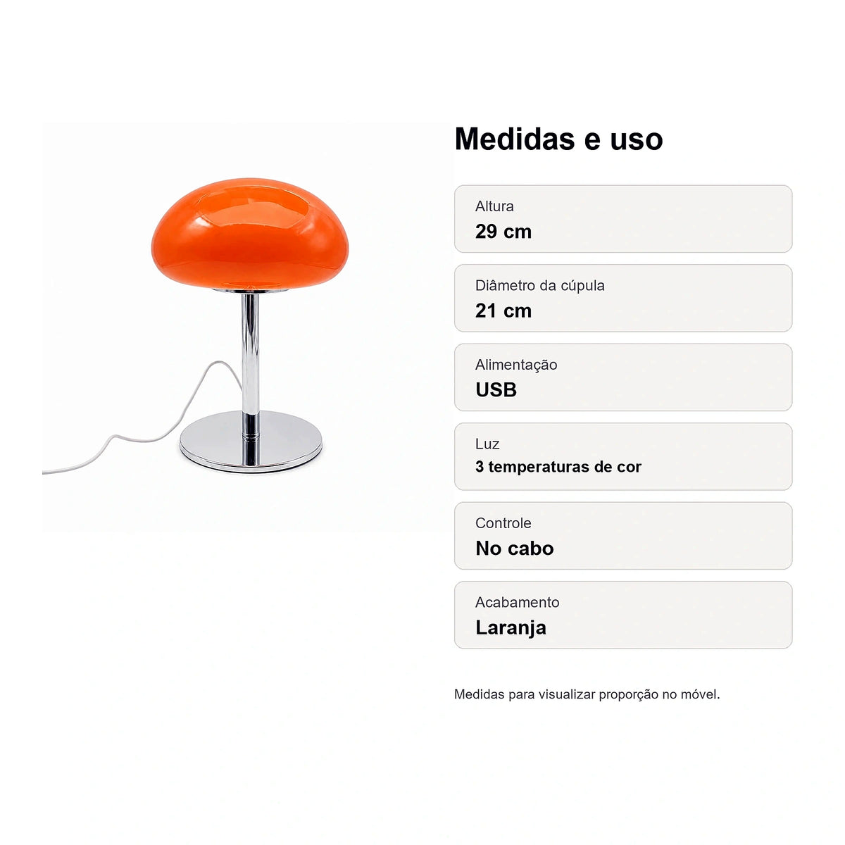 Medidas do Abajur Cogumelo de Vidro LED USB Laranja Auri com altura 29 cm e cúpula 21 cm