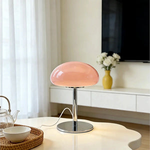 Abajur Cogumelo de Vidro LED USB Rosa Liv em aparador claro