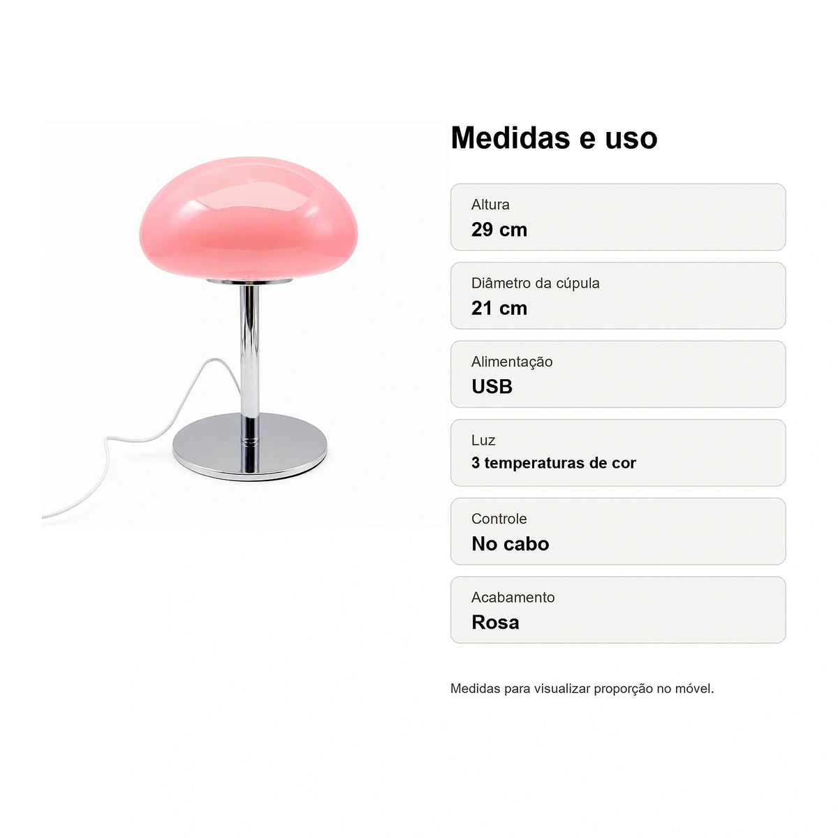 Medidas do Abajur Cogumelo de Vidro LED USB Rosa Liv com altura 29 cm e cúpula 21 cm