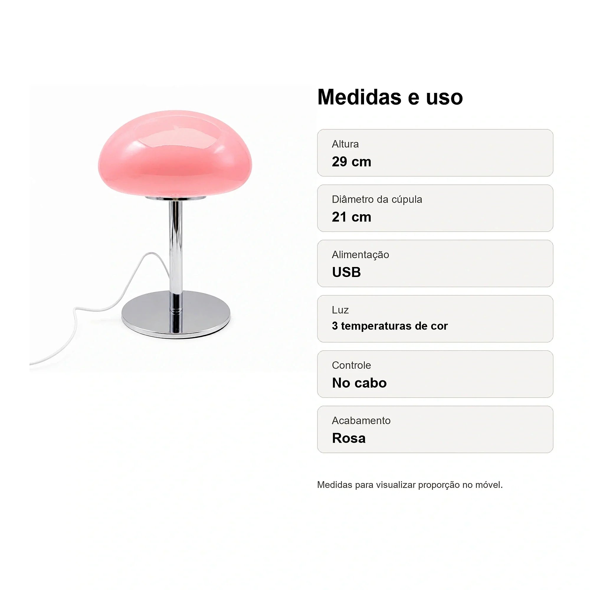 Medidas do Abajur Cogumelo de Vidro LED USB Rosa Liv com altura 29 cm e cúpula 21 cm