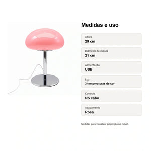 Medidas do Abajur Cogumelo de Vidro LED USB Rosa Liv com altura 29 cm e cúpula 21 cm