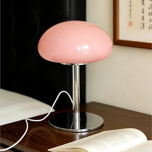 Abajur Cogumelo de Vidro LED USB Rosa Liv ao lado de livro