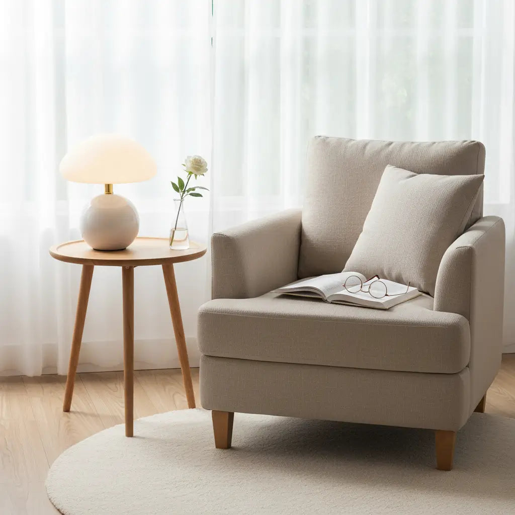 Abajur de cerâmica branco em um cantinho de leitura, sobre uma mesa de madeira clara, ao lado de uma poltrona. A luminária de mesa cogumelo cria um ambiente sereno e acolhedor